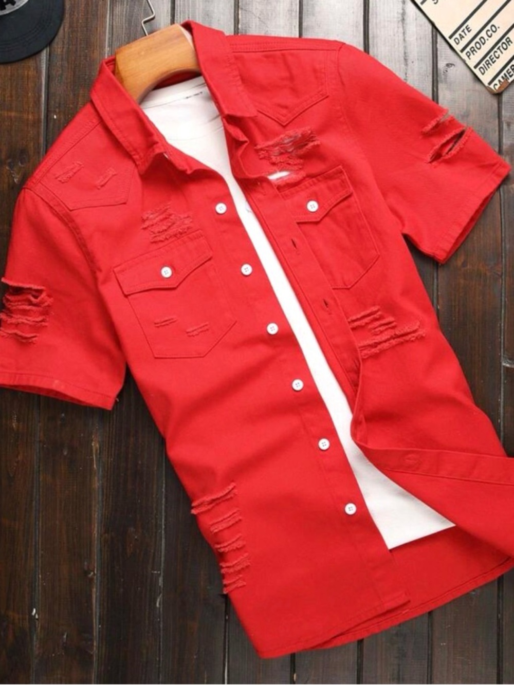MANFINITY Men’s Red Distressed Short Sleeve Button Down Shirt - Size Medium